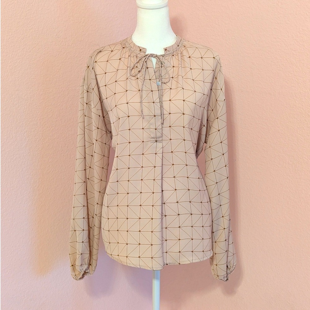 A New Day Blush Geometric Print Tie Neck Long Sleeve Blouse Womens S